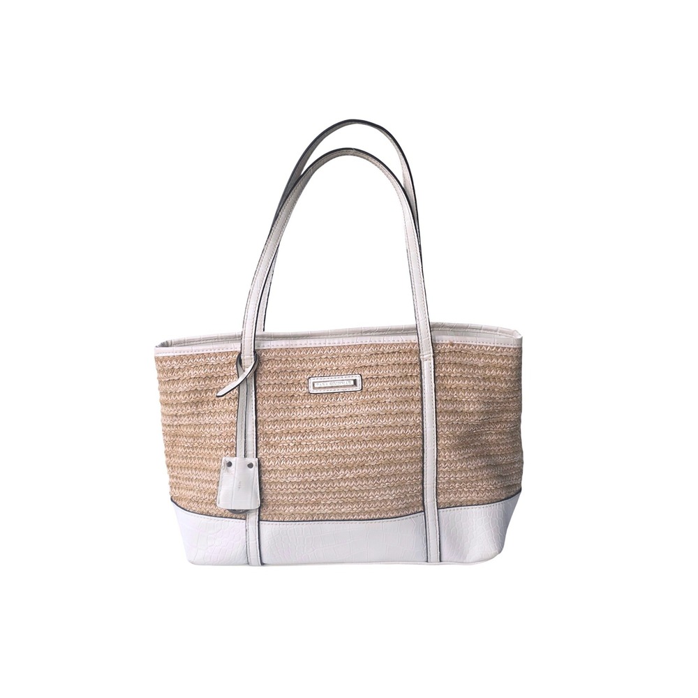 Dana Buchman Womens Straw Tote Bag White Croc Embossed Trim Lining Beige